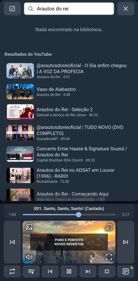 Busca por "Santo", com os hinos do Hinário Adventista 2022 listados.