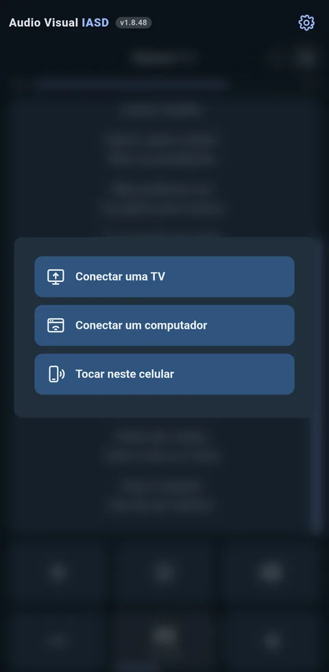 A folha de conexão do app, com três botões: conectar uma TV, conectar um computador e tocar neste celular.