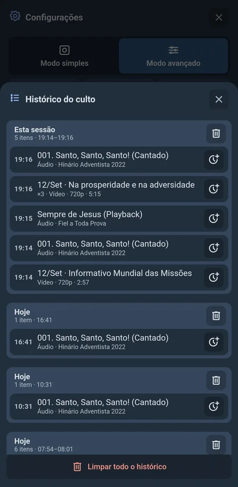 O histórico do culto, com as sessões agrupadas por horário e o que tocou em cada uma.