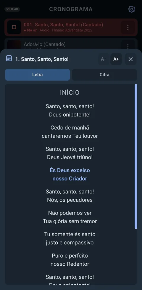 A folha de letra do hino Jubilosos Te Adoramos, com as abas Letra e Cifra no alto.
