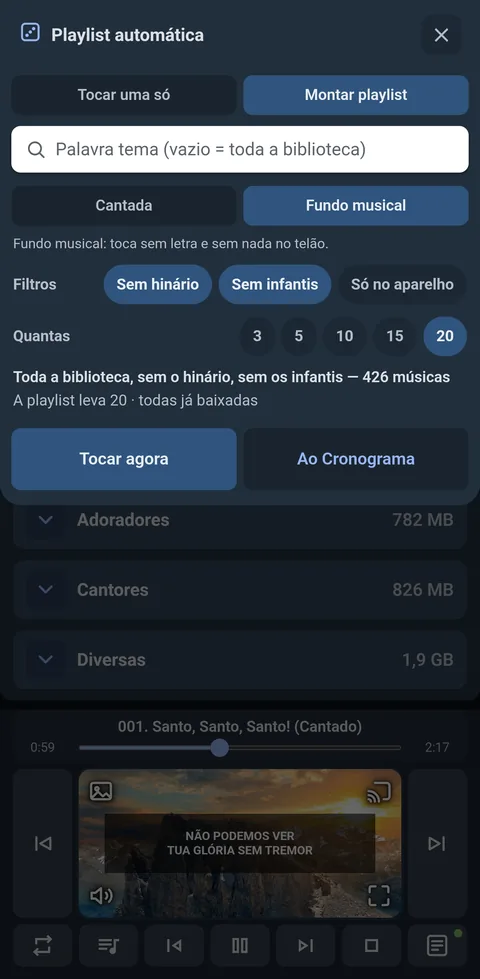 A folha da playlist automática, com palavra tema, filtros, quantas músicas e os botões de destino.