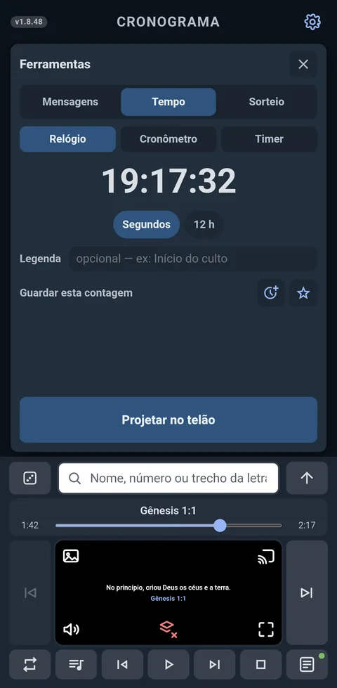 A ferramenta de tempo mostrando o relógio com segundos, e as abas de cronômetro e timer.